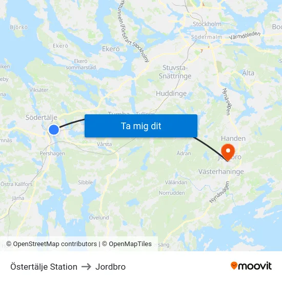 Östertälje Station to Jordbro map