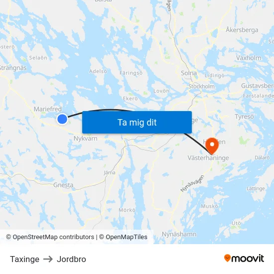 Taxinge to Jordbro map