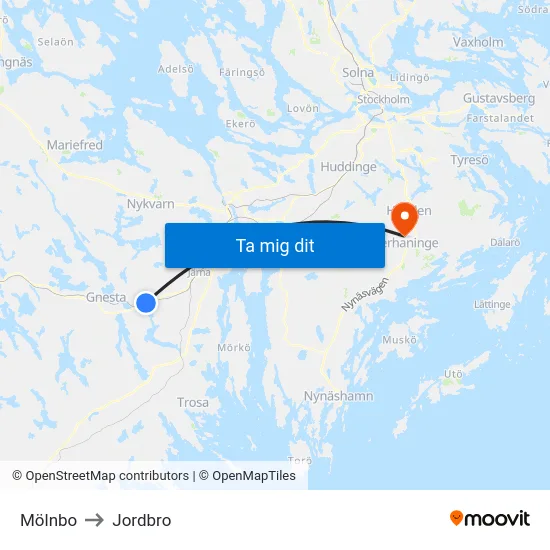 Mölnbo to Jordbro map