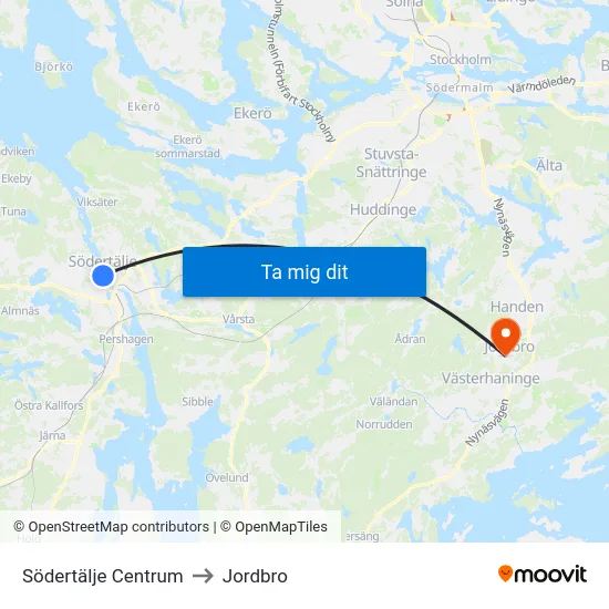 Södertälje Centrum to Jordbro map