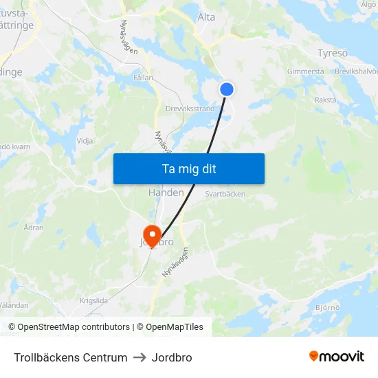 Trollbäckens Centrum to Jordbro map