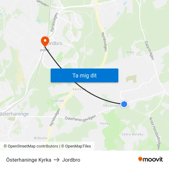 Österhaninge Kyrka to Jordbro map