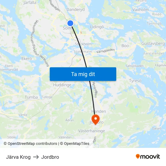 Järva Krog to Jordbro map