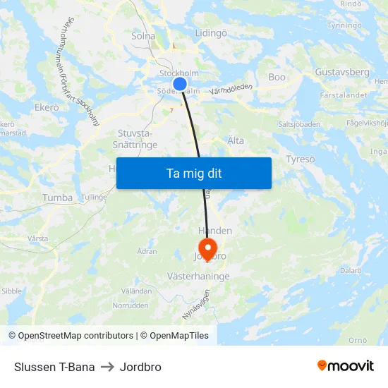 Slussen T-Bana to Jordbro map