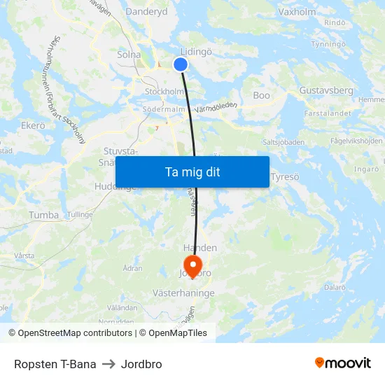 Ropsten T-Bana to Jordbro map