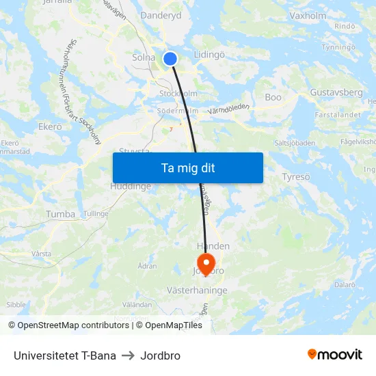Universitetet T-Bana to Jordbro map