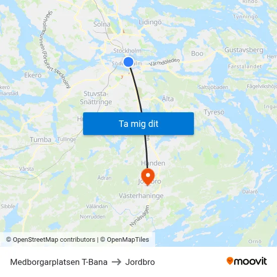 Medborgarplatsen T-Bana to Jordbro map