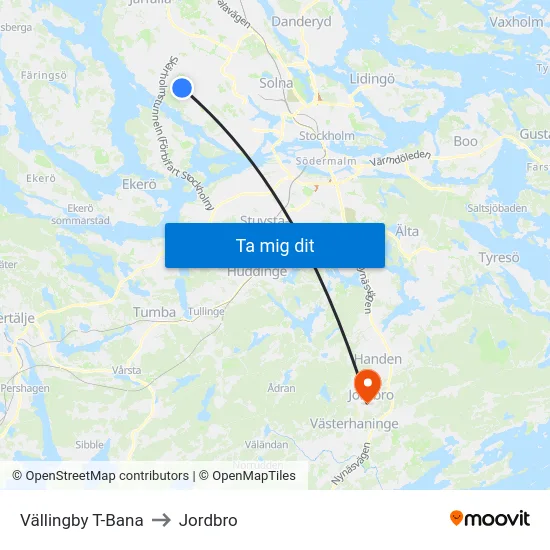 Vällingby T-Bana to Jordbro map