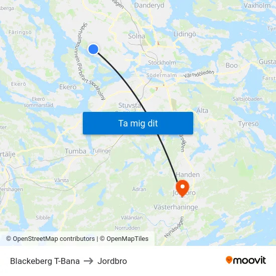 Blackeberg T-Bana to Jordbro map