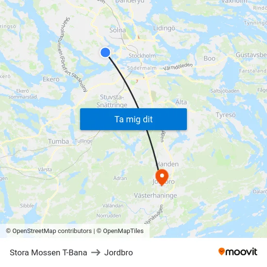 Stora Mossen T-Bana to Jordbro map