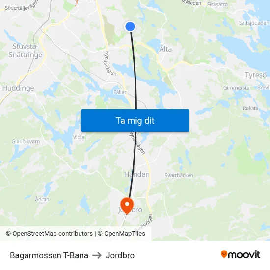 Bagarmossen T-Bana to Jordbro map