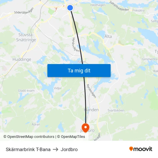 Skärmarbrink T-Bana to Jordbro map