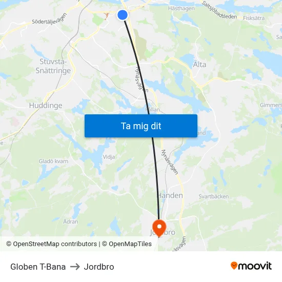 Globen T-Bana to Jordbro map