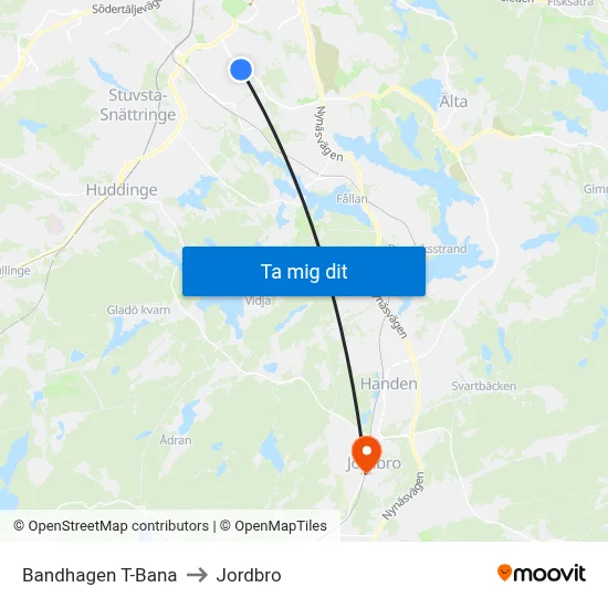 Bandhagen T-Bana to Jordbro map