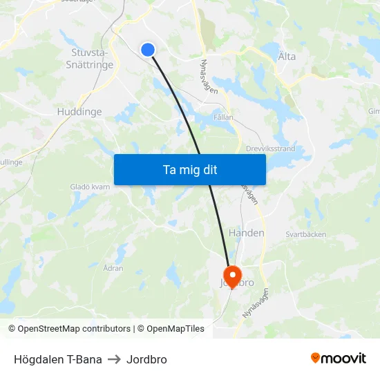 Högdalen T-Bana to Jordbro map