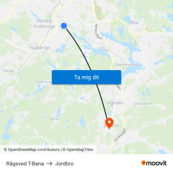 Rågsved T-Bana to Jordbro map