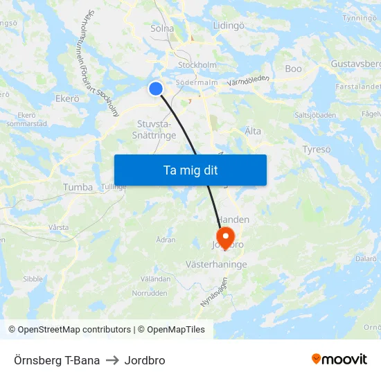 Örnsberg T-Bana to Jordbro map
