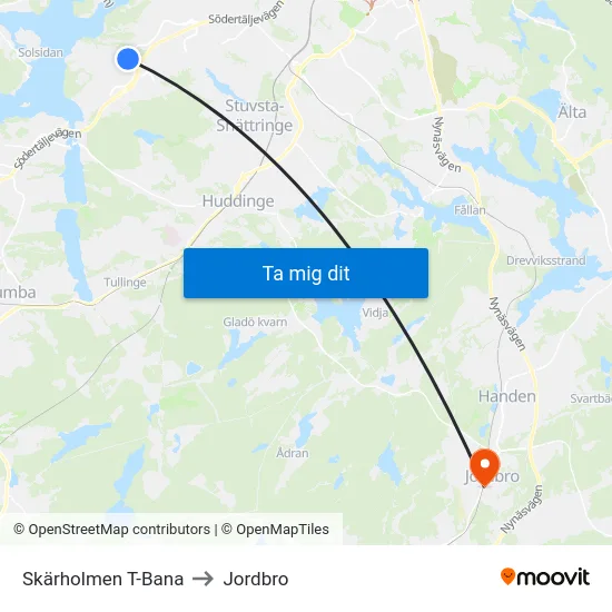 Skärholmen T-Bana to Jordbro map