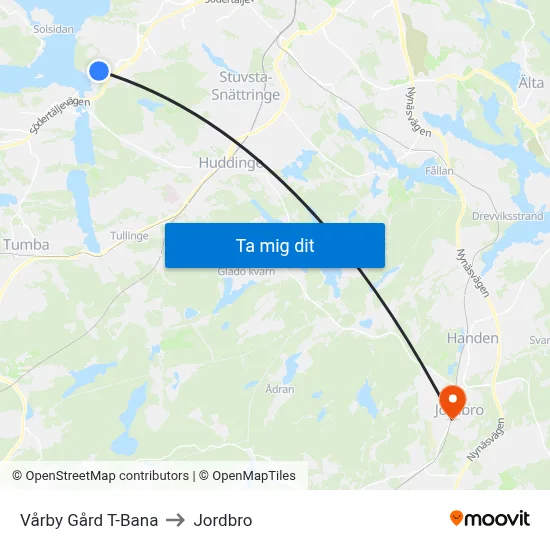 Vårby Gård T-Bana to Jordbro map