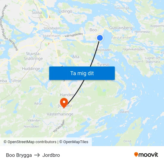 Boo Brygga to Jordbro map