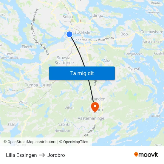 Lilla Essingen to Jordbro map