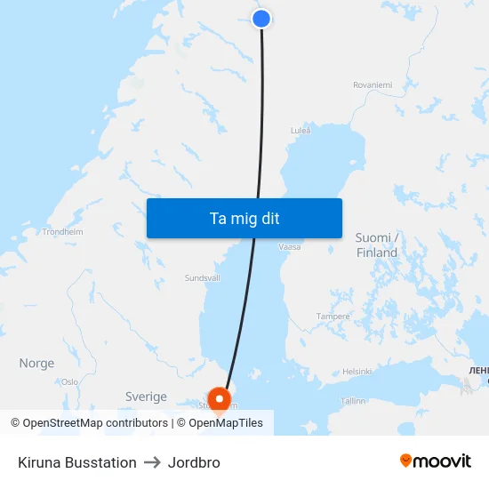 Kiruna Busstation to Jordbro map