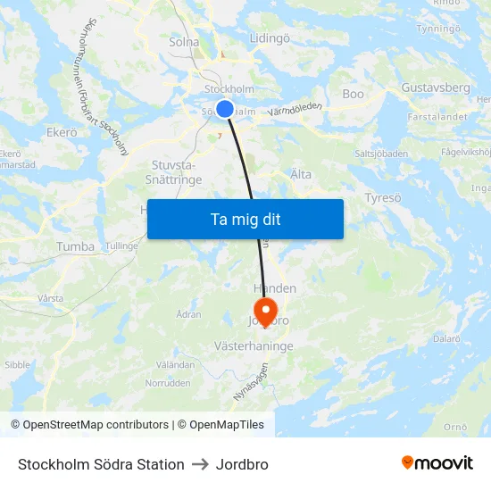 Stockholm Södra Station to Jordbro map