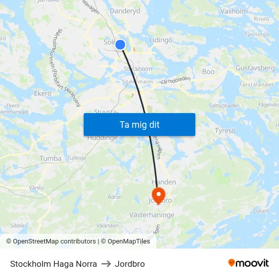 Stockholm Haga Norra to Jordbro map