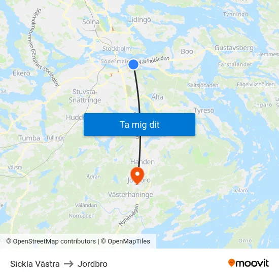Sickla Västra to Jordbro map
