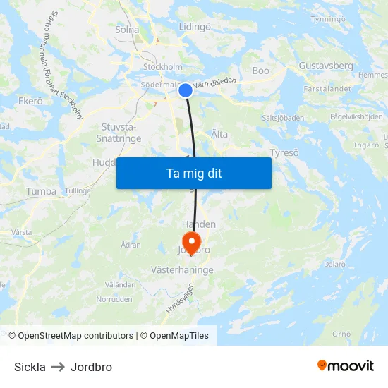 Sickla to Jordbro map