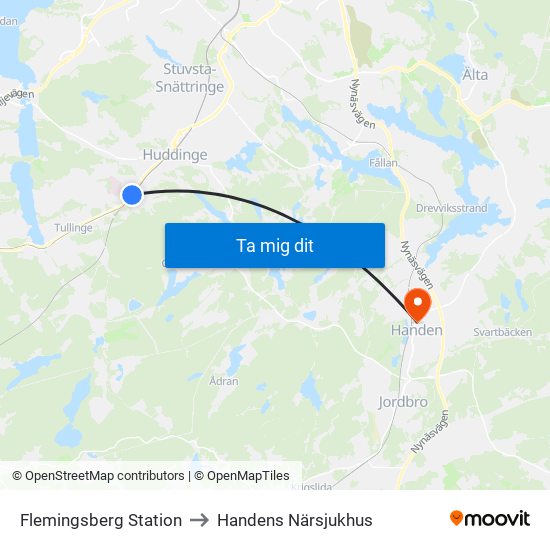 Flemingsberg Station to Handens Närsjukhus map