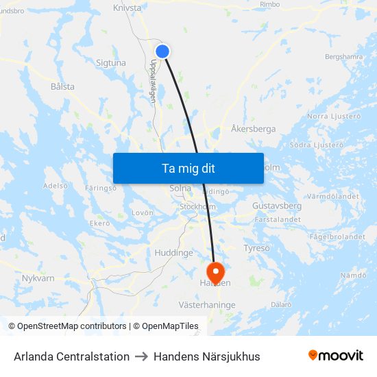 Arlanda Centralstation to Handens Närsjukhus map