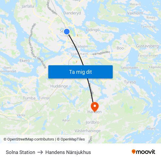 Solna Station to Handens Närsjukhus map