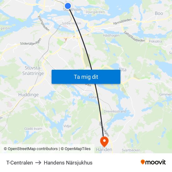 T-Centralen to Handens Närsjukhus map