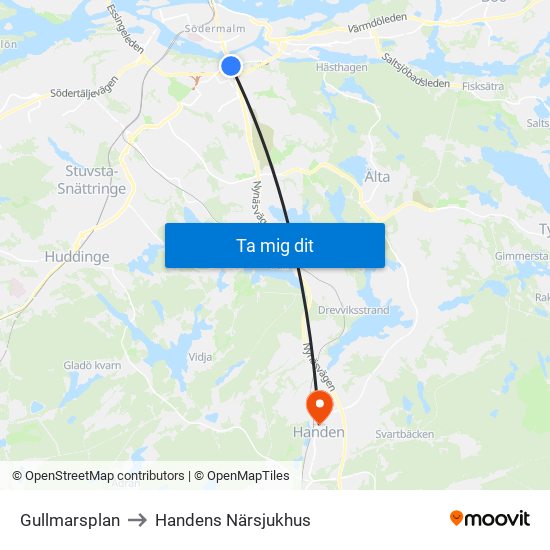 Gullmarsplan to Handens Närsjukhus map