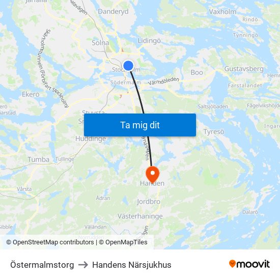 Östermalmstorg to Handens Närsjukhus map