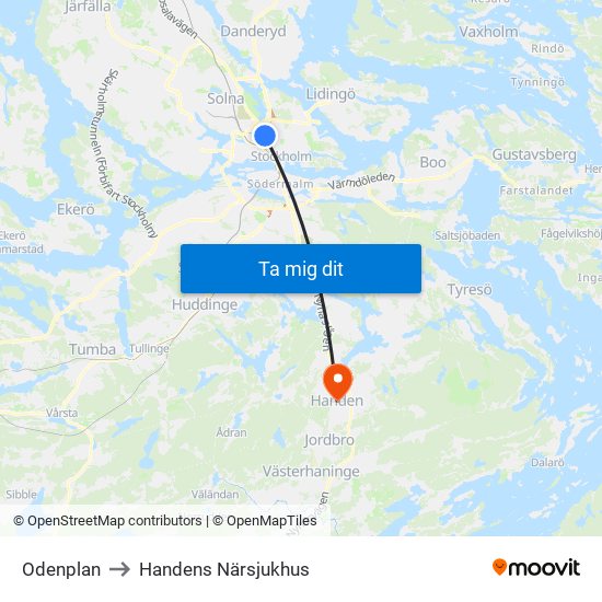 Odenplan to Handens Närsjukhus map