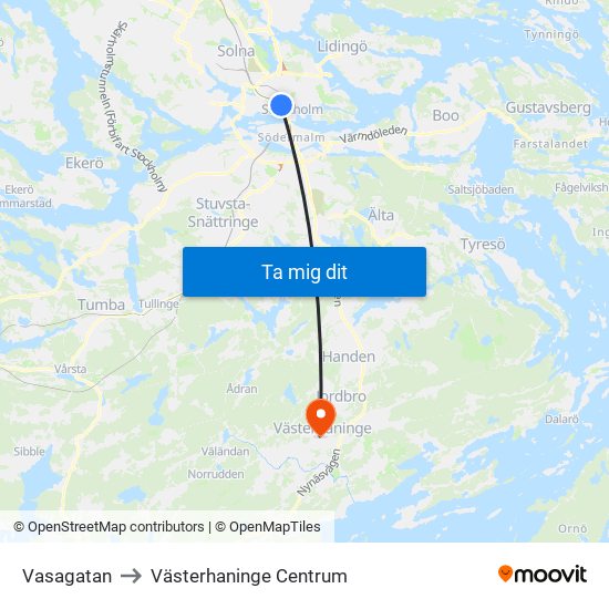 Vasagatan to Västerhaninge Centrum map