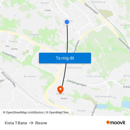 Kista T-Bana to Rissne map