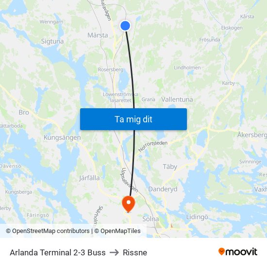 Arlanda Terminal 2-3 Buss to Rissne map