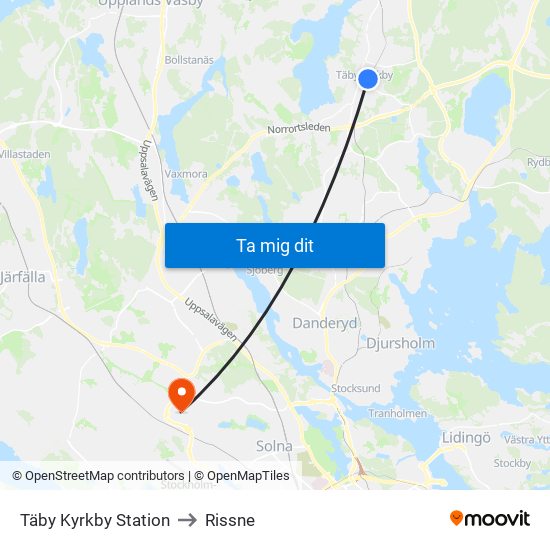 Täby Kyrkby Station to Rissne map