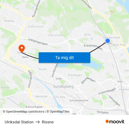 Ulriksdal Station to Rissne map
