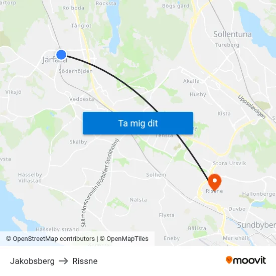 Jakobsberg to Rissne map