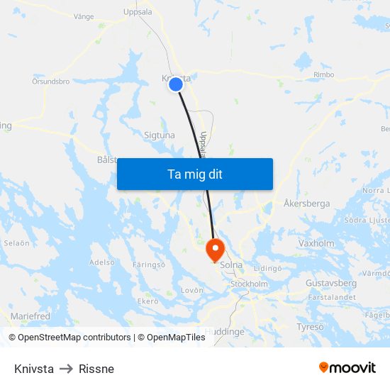 Knivsta to Rissne map