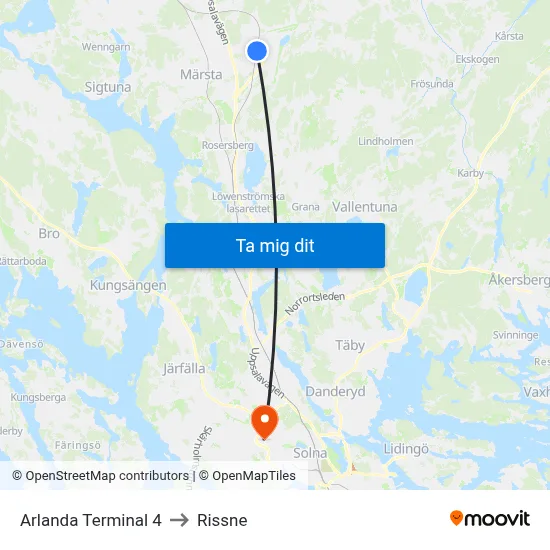 Arlanda Terminal 4 to Rissne map