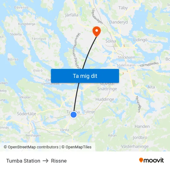 Tumba Station to Rissne map