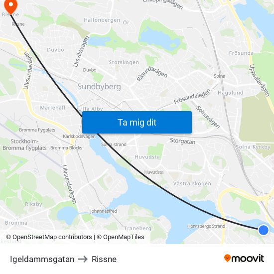 Igeldammsgatan to Rissne map