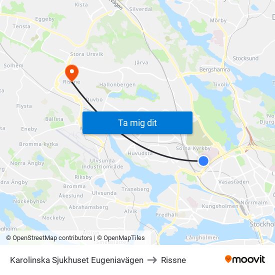 Karolinska Sjukhuset Eugeniavägen to Rissne map