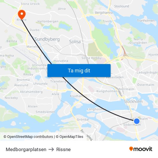 Medborgarplatsen to Rissne map