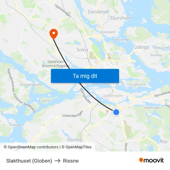 Slakthuset (Globen) to Rissne map